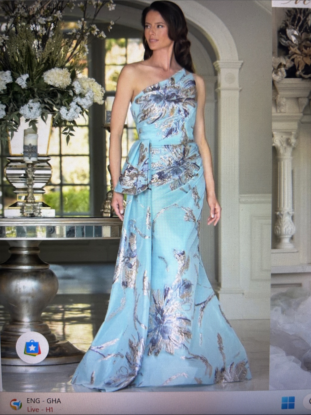 Rina Dimontella One-Shoulder Light Blue Floral Evening Gown